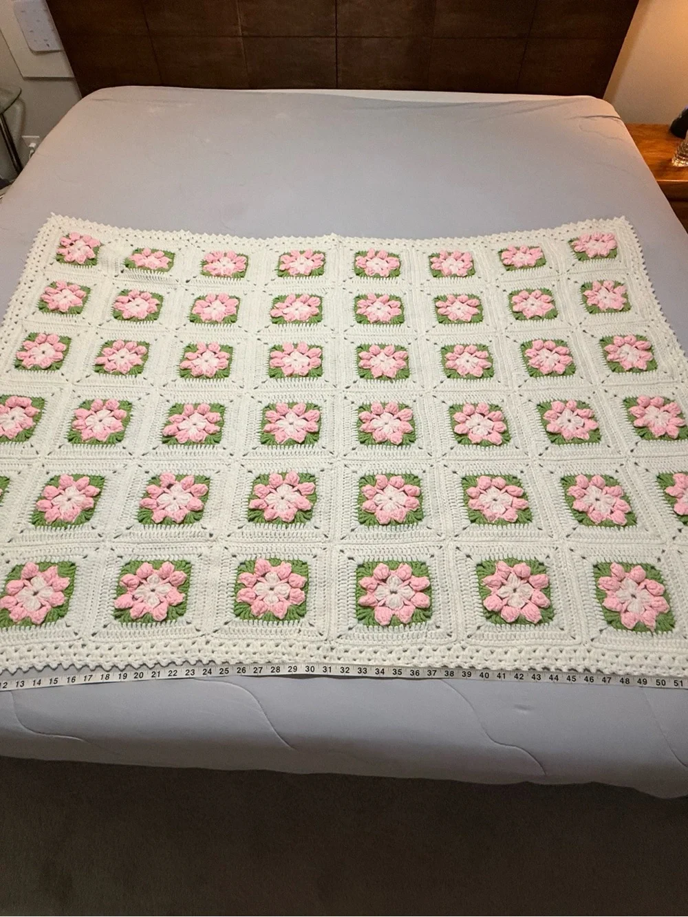 Hand Crocheted White Puffy Floral Granny Square Blanket 62 x 42.5” w Free Pillow